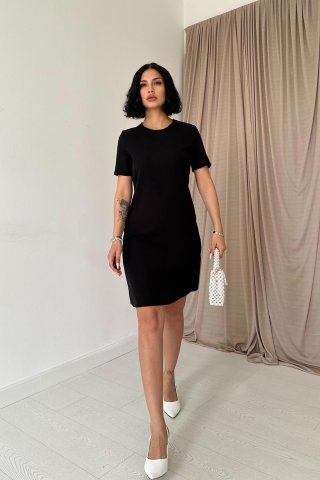 Kısa Kol Atlas Mini Elbise - Siyah