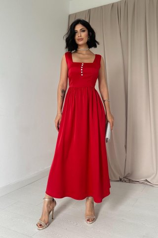 Düğmeli Askılı Saten Elbise - Kırmızı