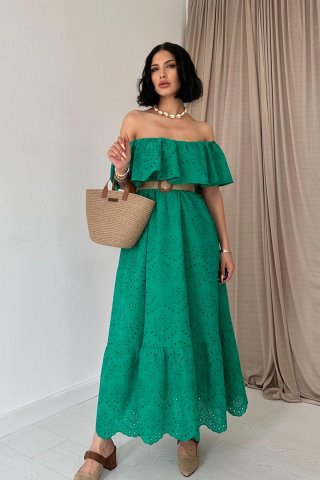 Omzu Lastikli Brode Elbise - Yeşil