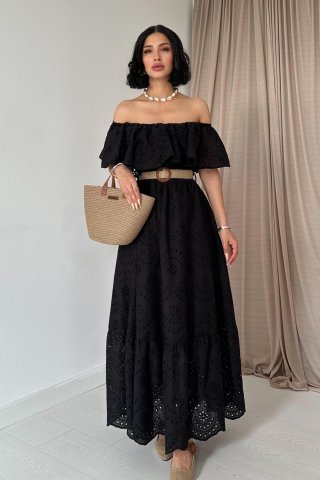 Omzu Lastikli Brode Elbise - Siyah
