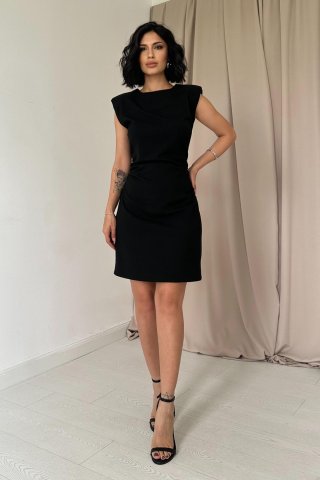 Yanı Büzgülü Sıfır Kol Elbise - Siyah